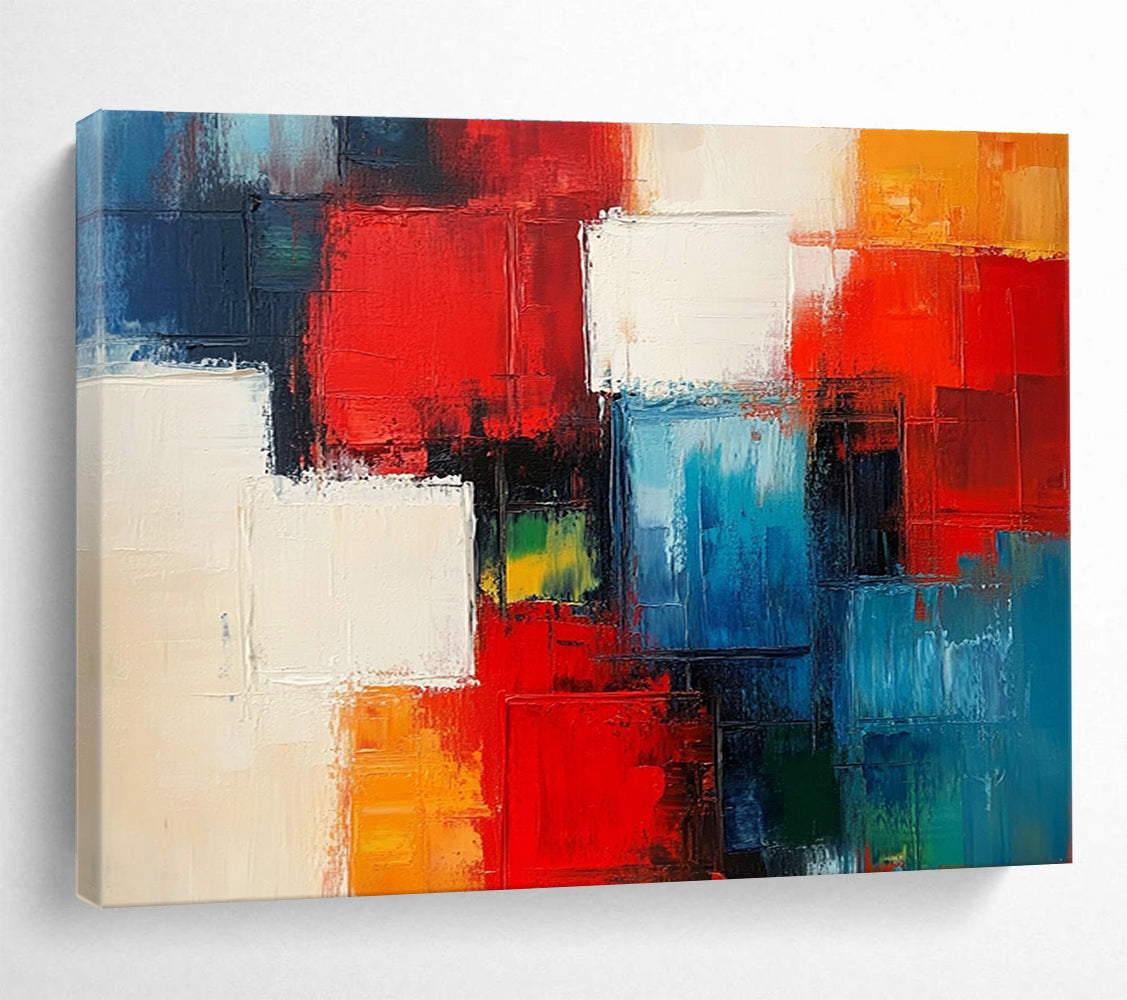 A large abstract painting of city blocks in red and blue with white squares and thick brush strokes.SC347