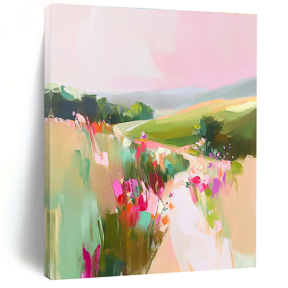 A large abstract painting of English countryside with pastel pinks and greens featuring rolling hills and wildflowers for a romantic tranquil atmosphere.STSC1202
