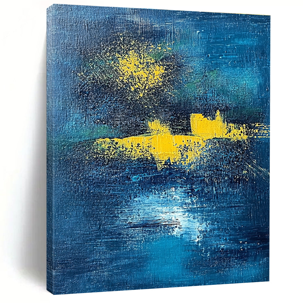 Dark Blue and Yellow Abstract Painting with Ethereal Glows GER394