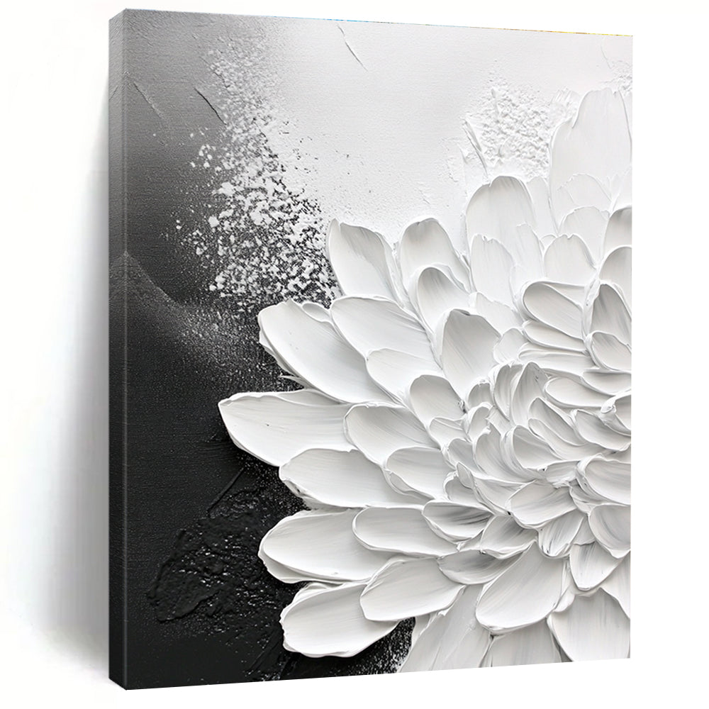 Large abstract painting of chrysanthemum on textured canvas with black and gray background featuring stunning close-up details.STSC518