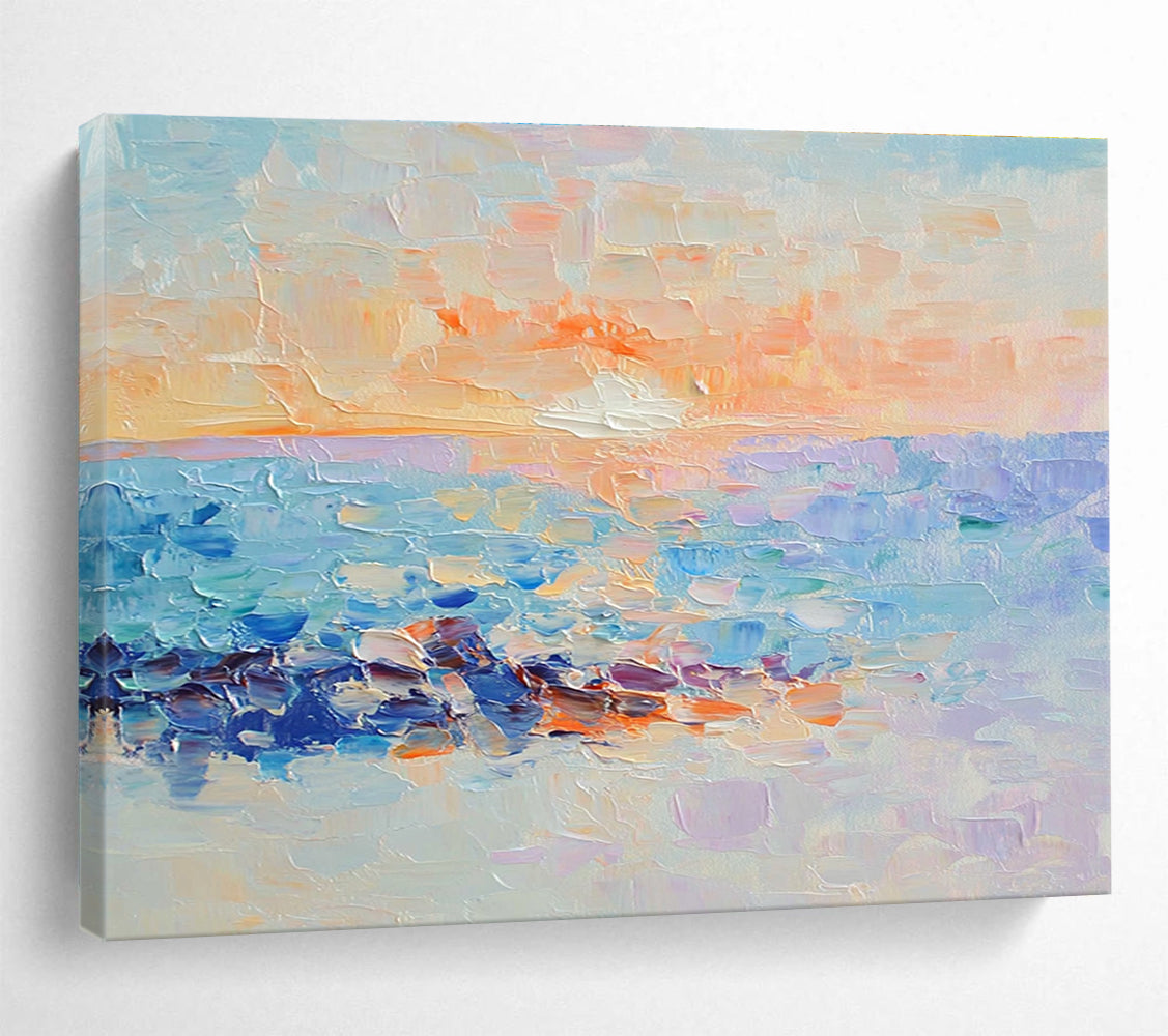 Large abstract oil painting capturing an ocean sunset with pastel colors reflecting light blue and purple hues beneath the water's surface.SC107