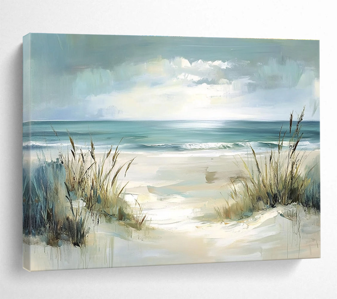 Large abstract painting depicting a serene coastal scene with dunes and ocean in soft pastel teal and blue hues, radiating tranquility and serenity.SC546