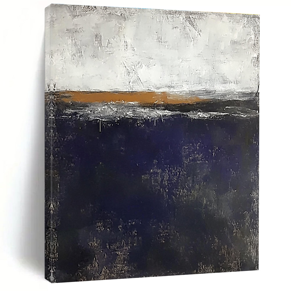 Large abstract painting of the sea in dark blue and gray with white highlights and small brown elements against a flat gray background.STSC706