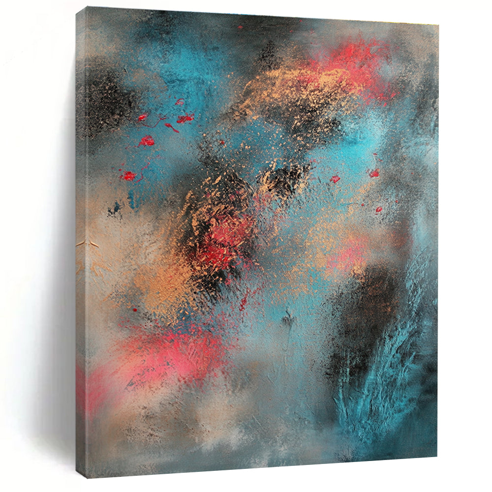 Blue Gold and Red Abstract Painting with Dynamic Splashes GER661