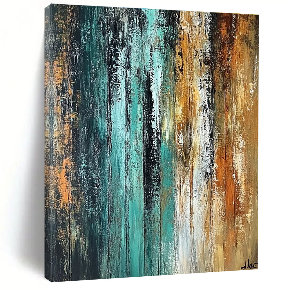 Teal and Brown Abstract Painting with Vertical Strokes GER485