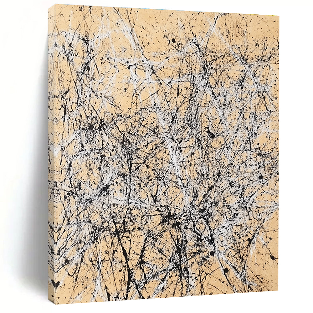 Black and White Splattered Abstract Painting on Beige Background GER002