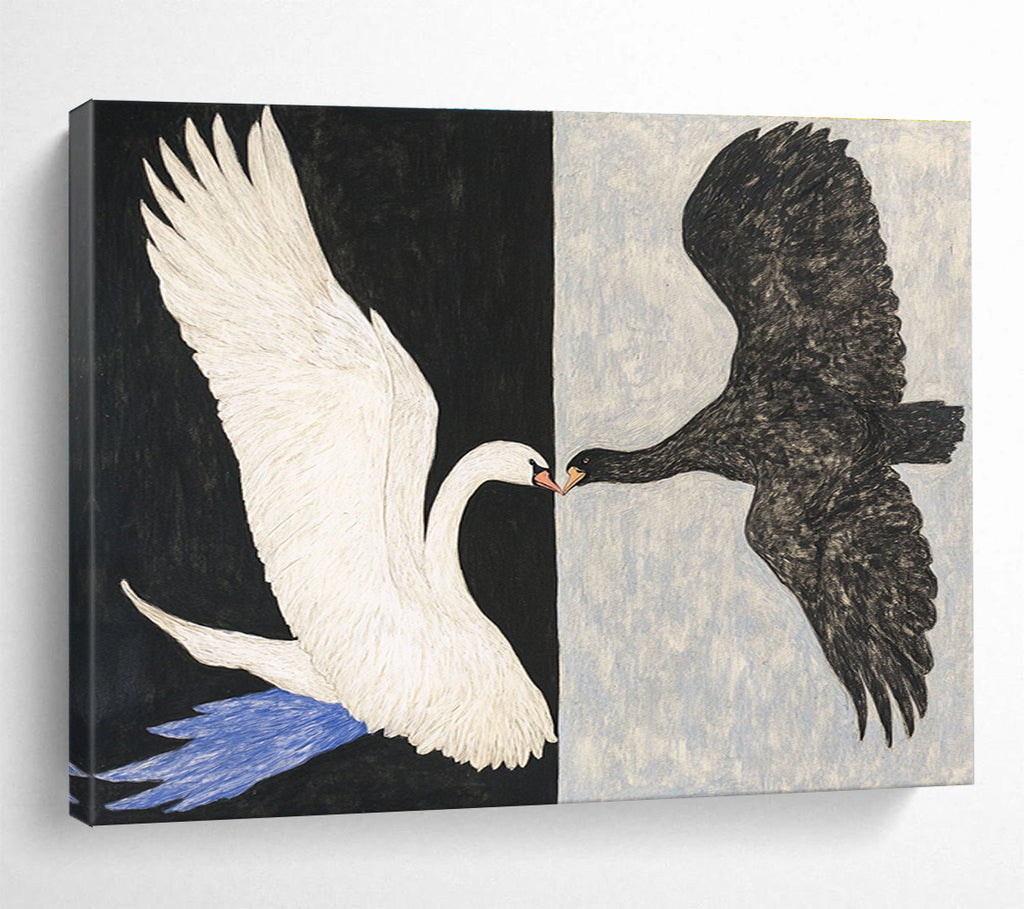 Large abstract painting of a swan and eagle in flight touching beaks on contrasting backgrounds of white and grey.SC558
