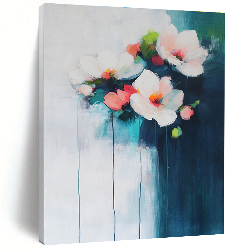 Large abstract painting of flowers in light blue and pink on a white background with dark teal brushstrokes creating an atmospheric effect.STSC679