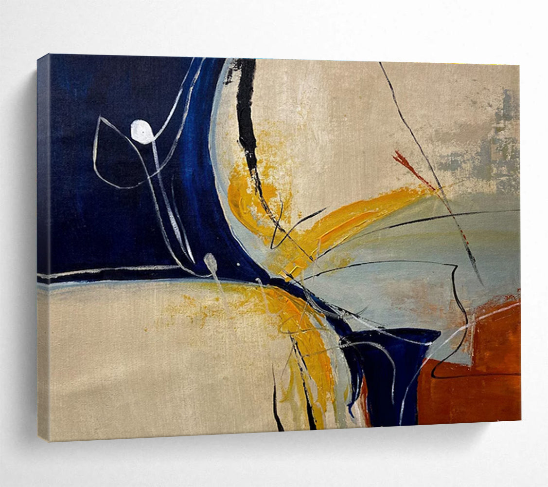 Blue Yellow Line Abstract Painting with Minimalist Shapes THY331