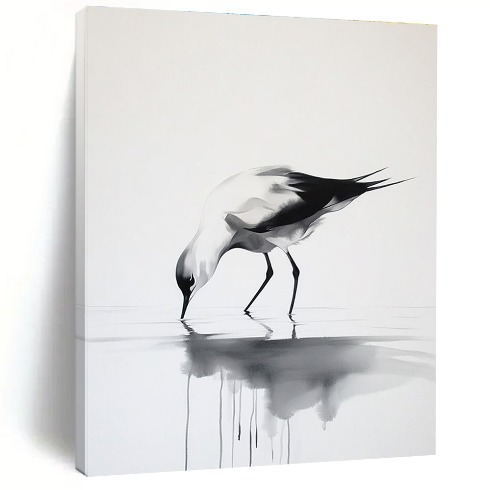Large abstract ink painting featuring a graceful bird walking on water in a minimalist style with elegant movements and delicate brushstrokes on a pure white background.STSC907