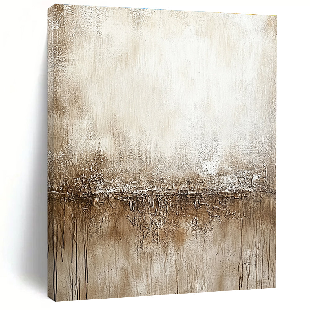 Large abstract painting featuring a neutral tone palette of beige and gray with distressed textures for a calming wall decor.STSC137
