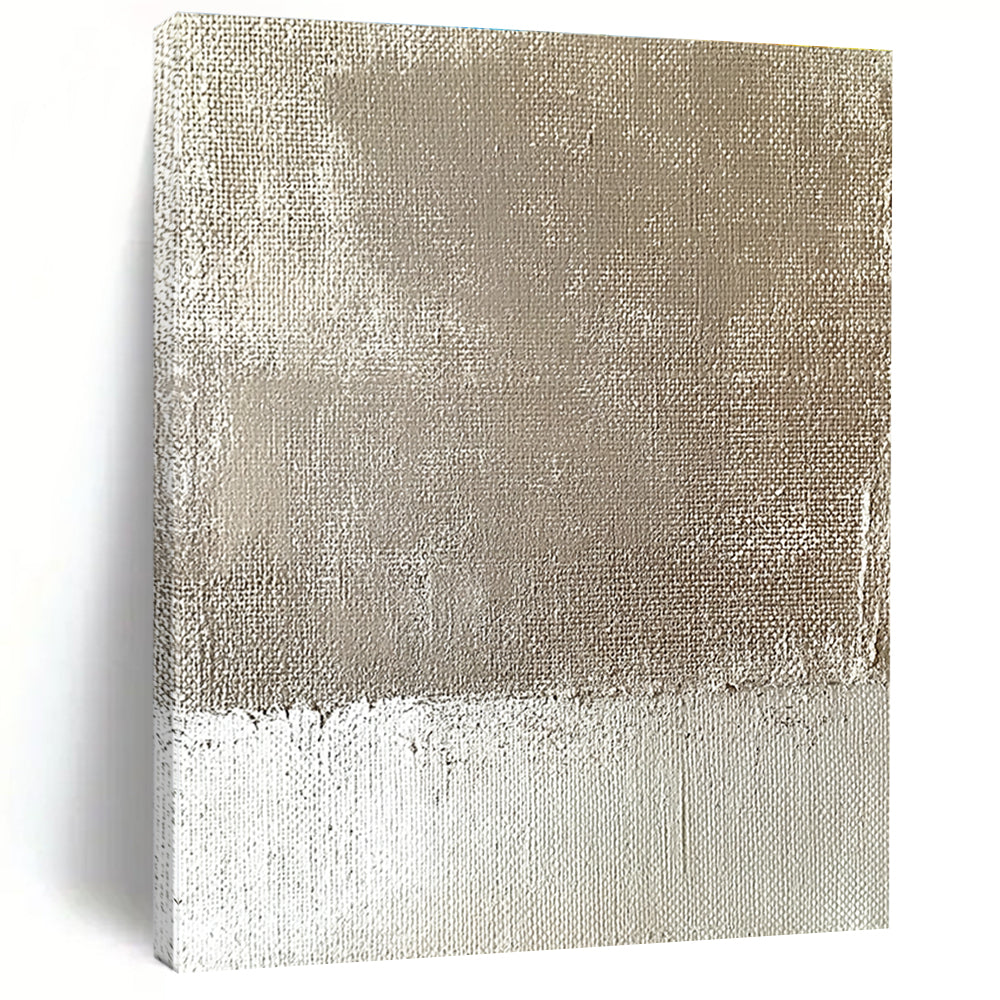 Abstract minimalist painting featuring an old wall with burlap fabric and tattered edges in muted beige and cream tones.STSC565