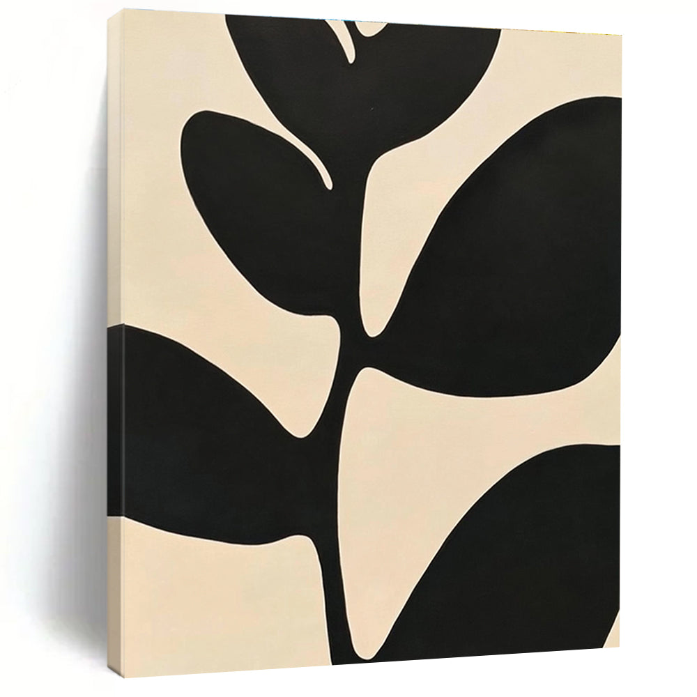 Large abstract painting featuring minimalist black and white leaves with high contrast against a simple background inspired by Matisse.STSC1080