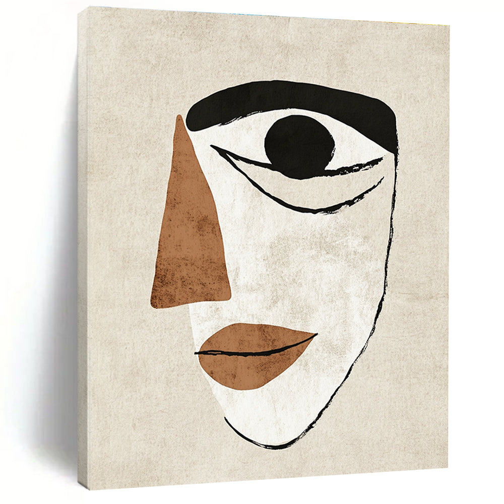 Large abstract illustration featuring a simple face with an eye and a nose in Matisse style on a textured beige background.STSC990