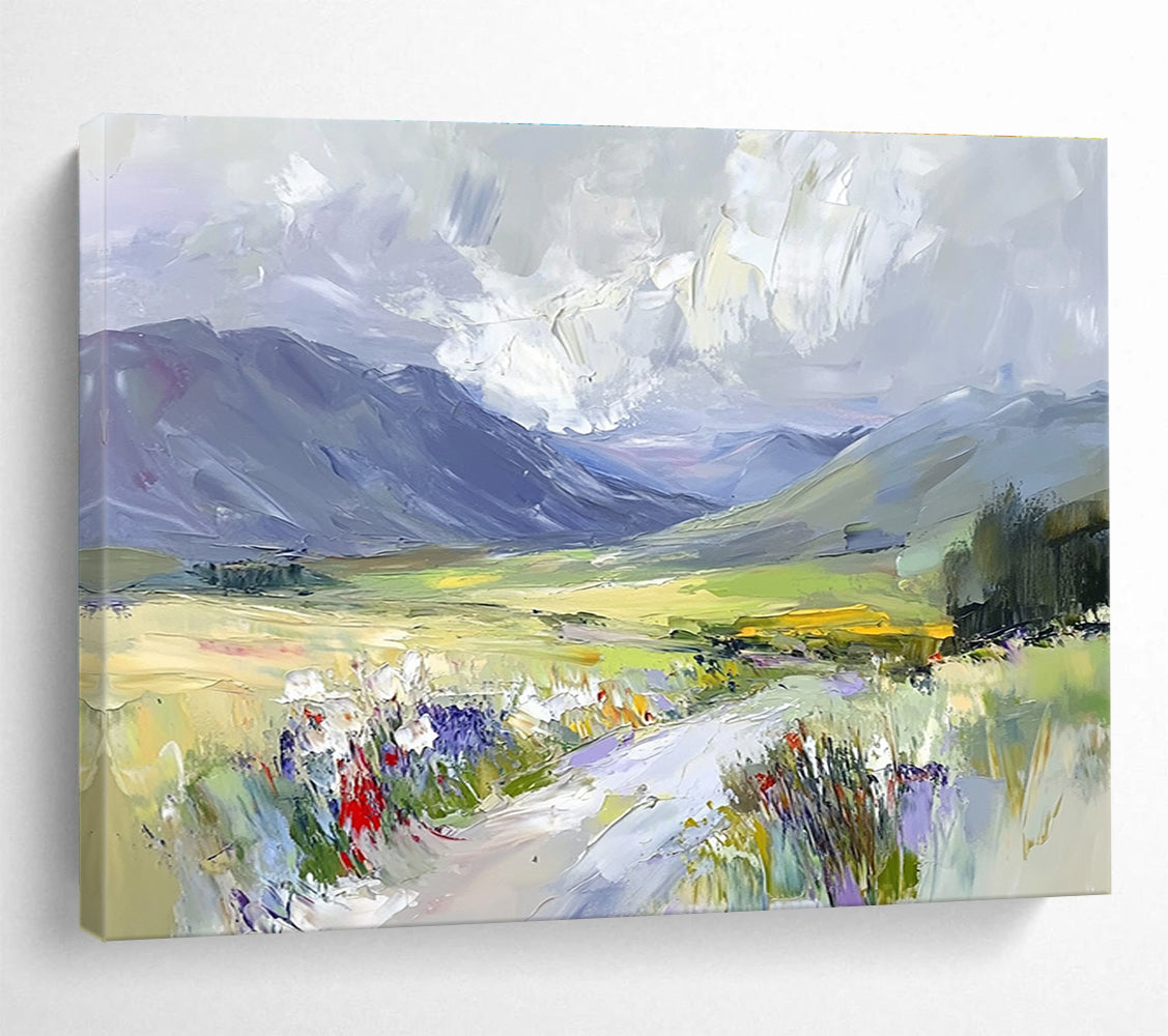 A large abstract painting capturing Scottish glens with soft clouds and vibrant colors offering an impressionistic, dynamic landscape experience.SC473