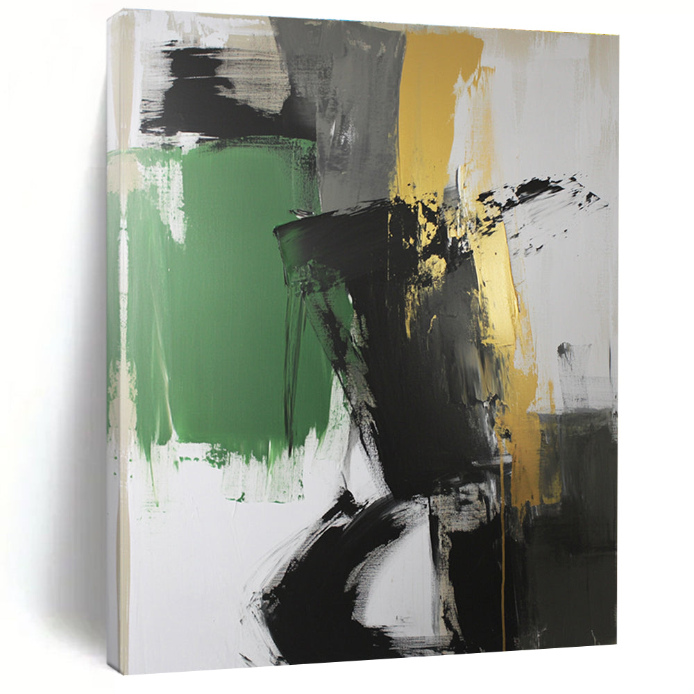 Black Green and Gold Abstract Painting with Bold Contrasts GER527
