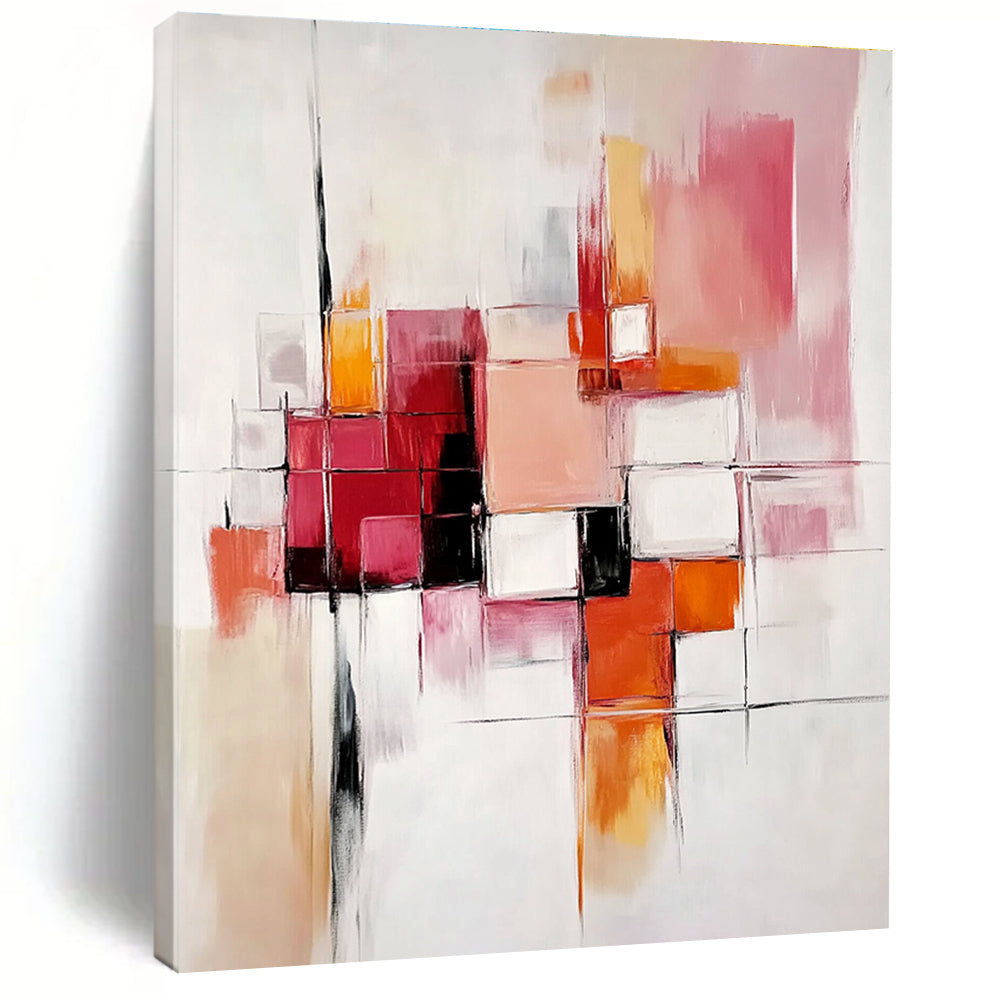 Abstract oil painting with bold brush strokes and geometric shapes in light pink, orange, red, white, grey, and beige on a white background.STSC582
