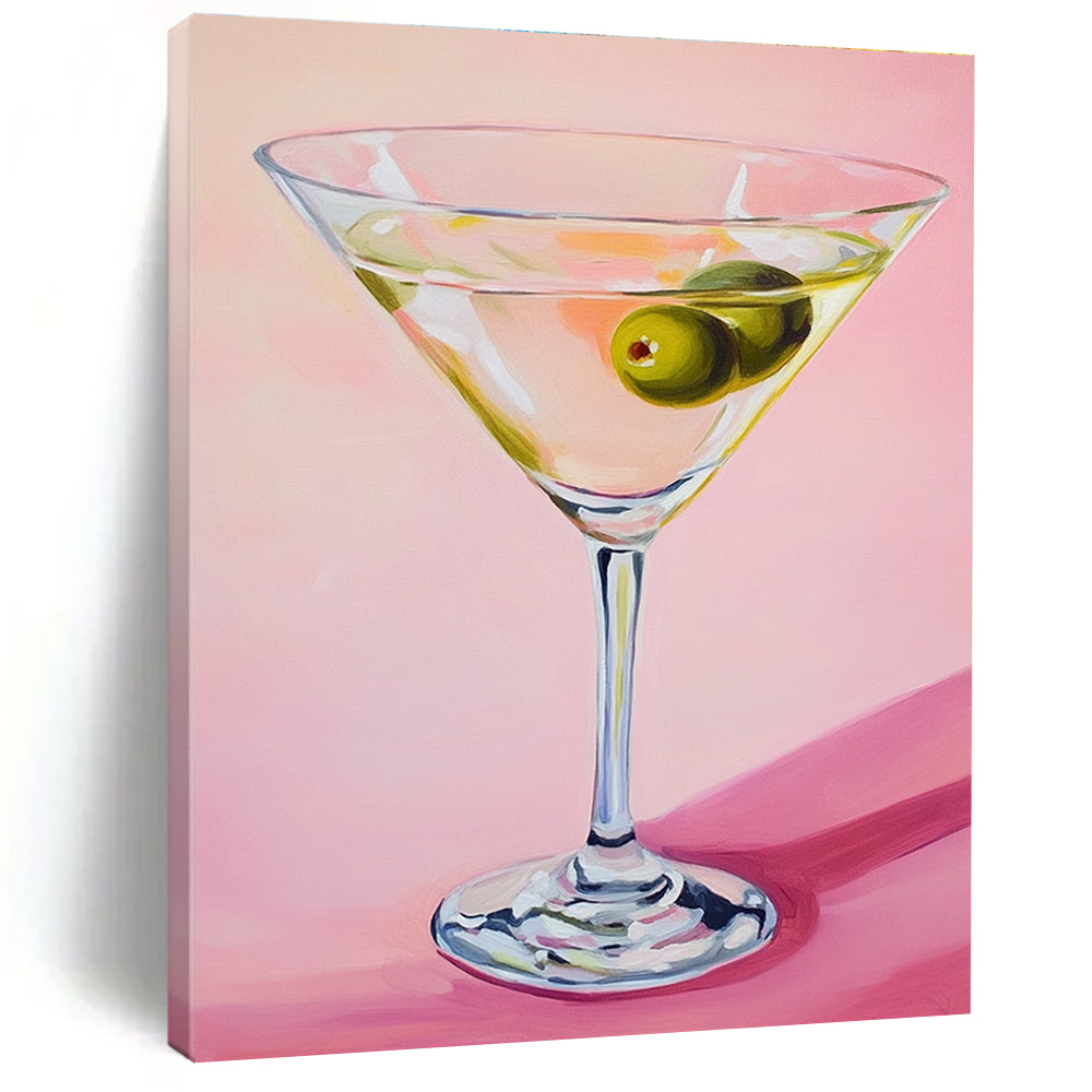 Abstract painting featuring a martini glass with an olive against a soft pink background showcasing gentle lighting and serene elegance.STSC1383