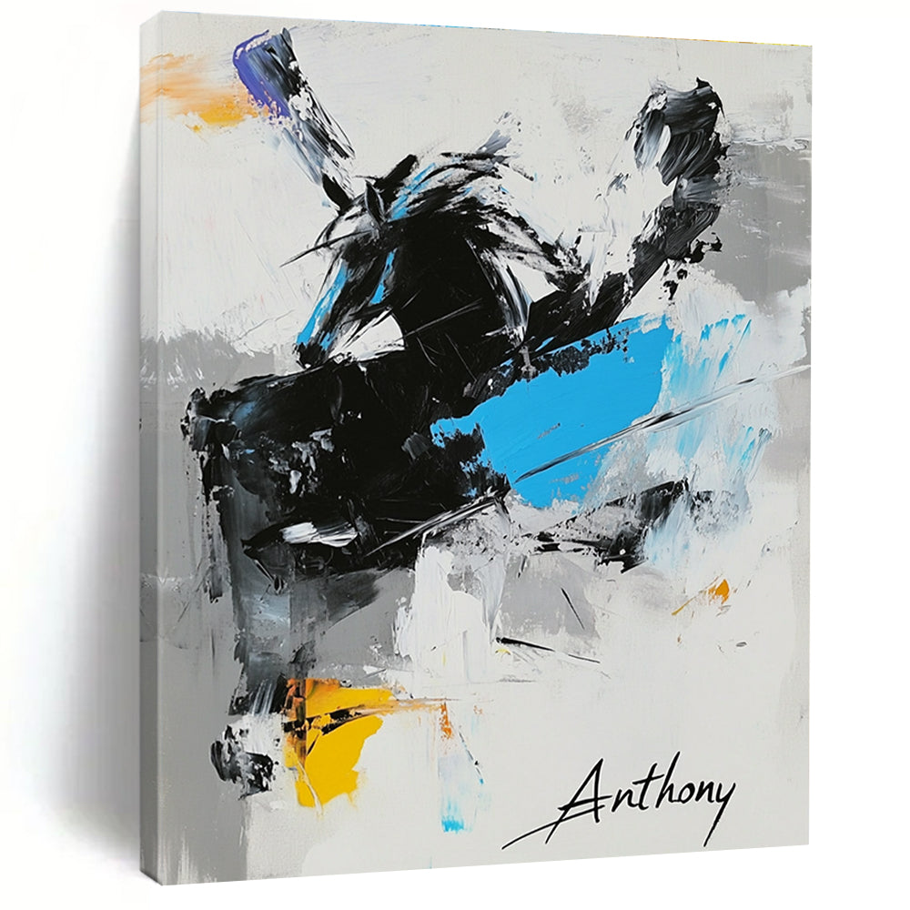 Large abstract painting featuring "Anthony" in black white and blue with a dynamic horse and signature Michael in the corner.STSC349