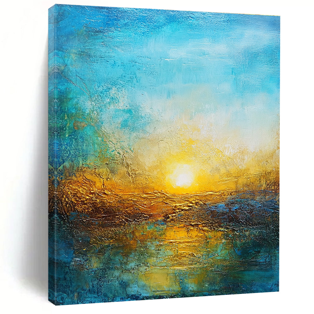Large abstract painting featuring a vibrant sunset in golden hues and deep blues over a textured landscape symbolizing new beginnings and hope.STSC200