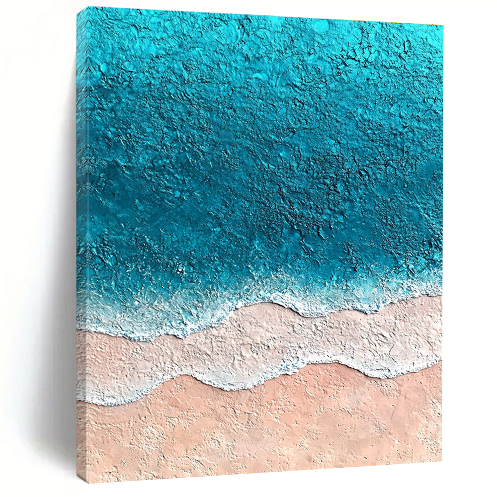 Large abstract painting featuring textured sand and vibrant blue sea with soft watercolor gradients creating an immersive oceanic experience.STSC1428