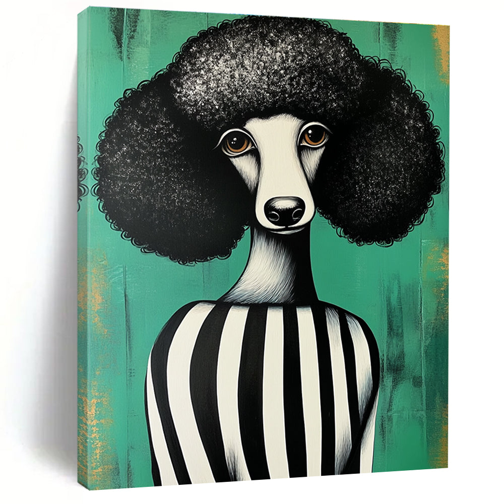 Abstract painting featuring a black and white poodle in a striped dress against a green background inspired by Shepard Fairey style.STSC912