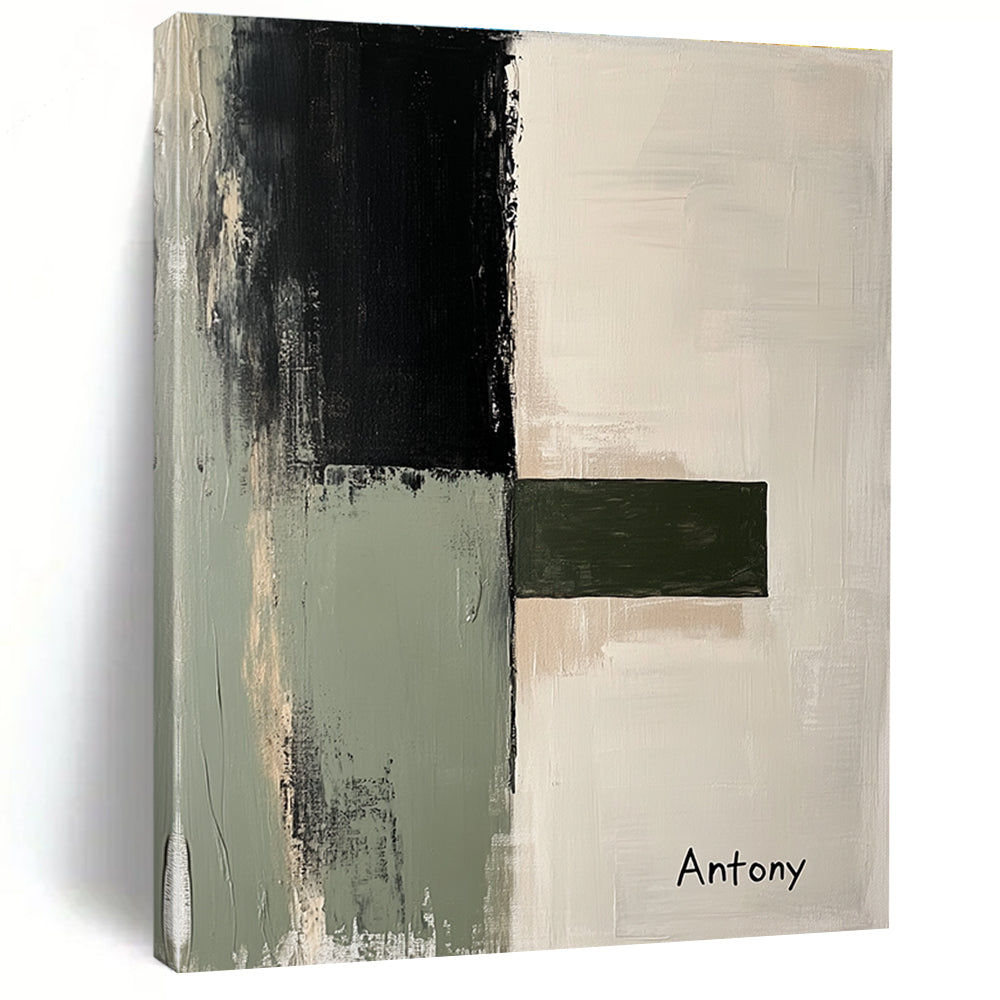 Large abstract painting featuring a light gray sage green and black palette with minimalist landscape shapes and the inscription Antony.STSC730