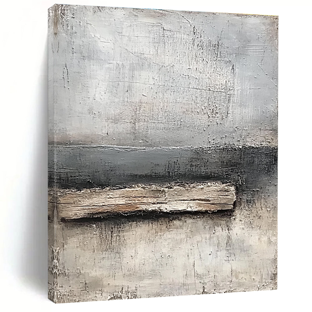 Abstract painting featuring neutral tones of gray and white with textured canvas and thick paint highlighting a small piece of old wood by the water's edge.STSC138