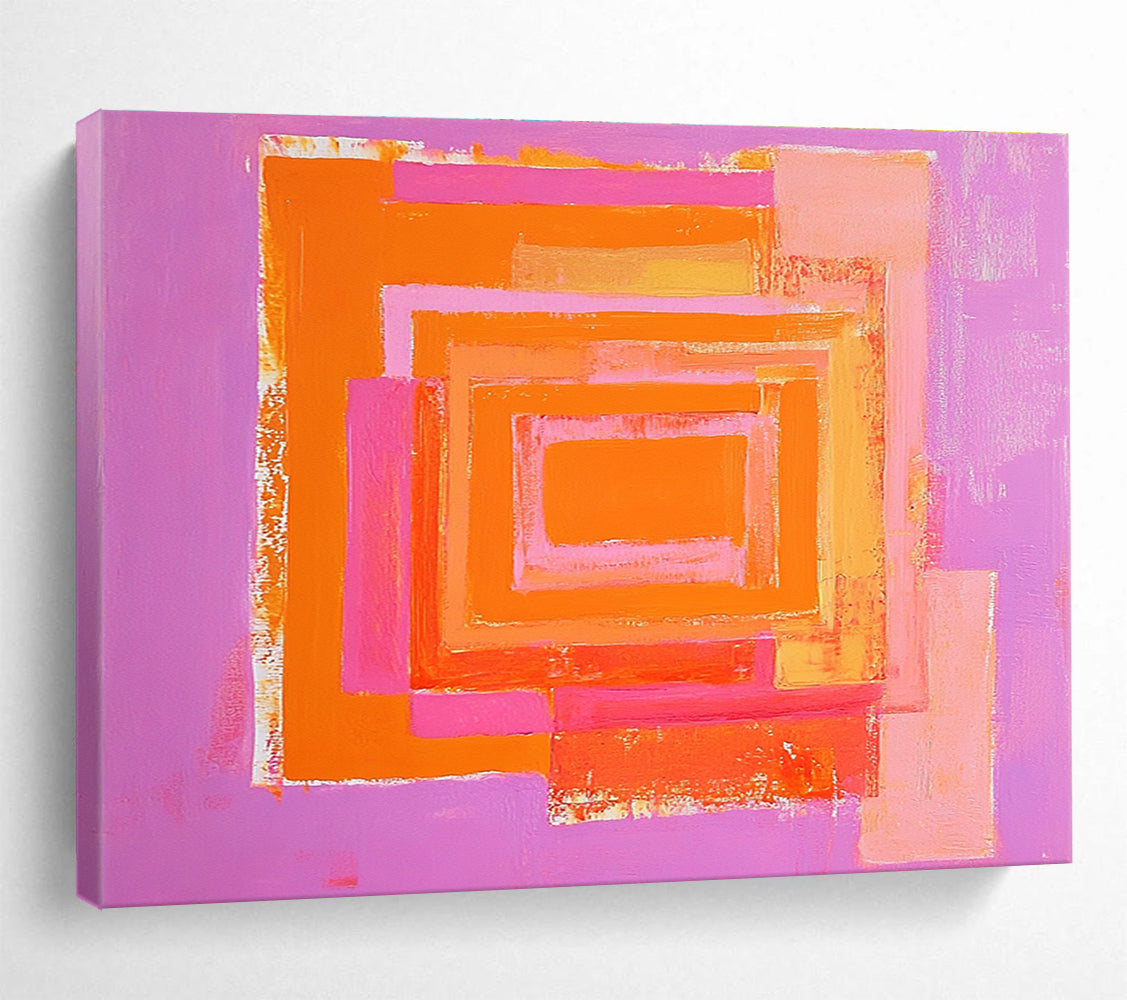 A large abstract painting featuring a pink and orange pastel maze with bold shapes and ample negative space.SC539
