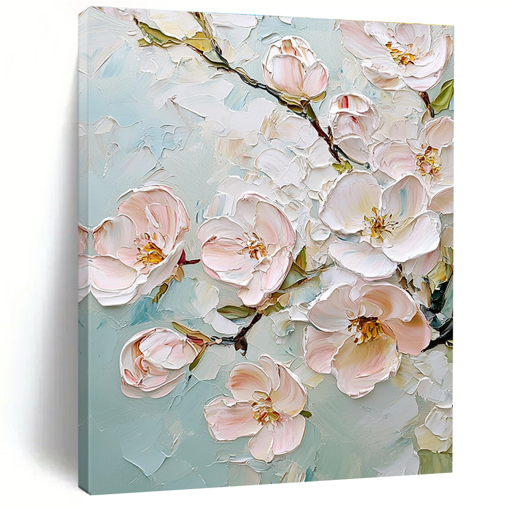 Large abstract painting featuring delicate cherry blossoms in soft pink and white against a light blue background with rich impasto texture.STSC875