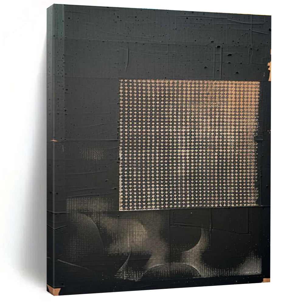 Black Abstract Painting with Grid Pattern and Beige Accents ADGE306