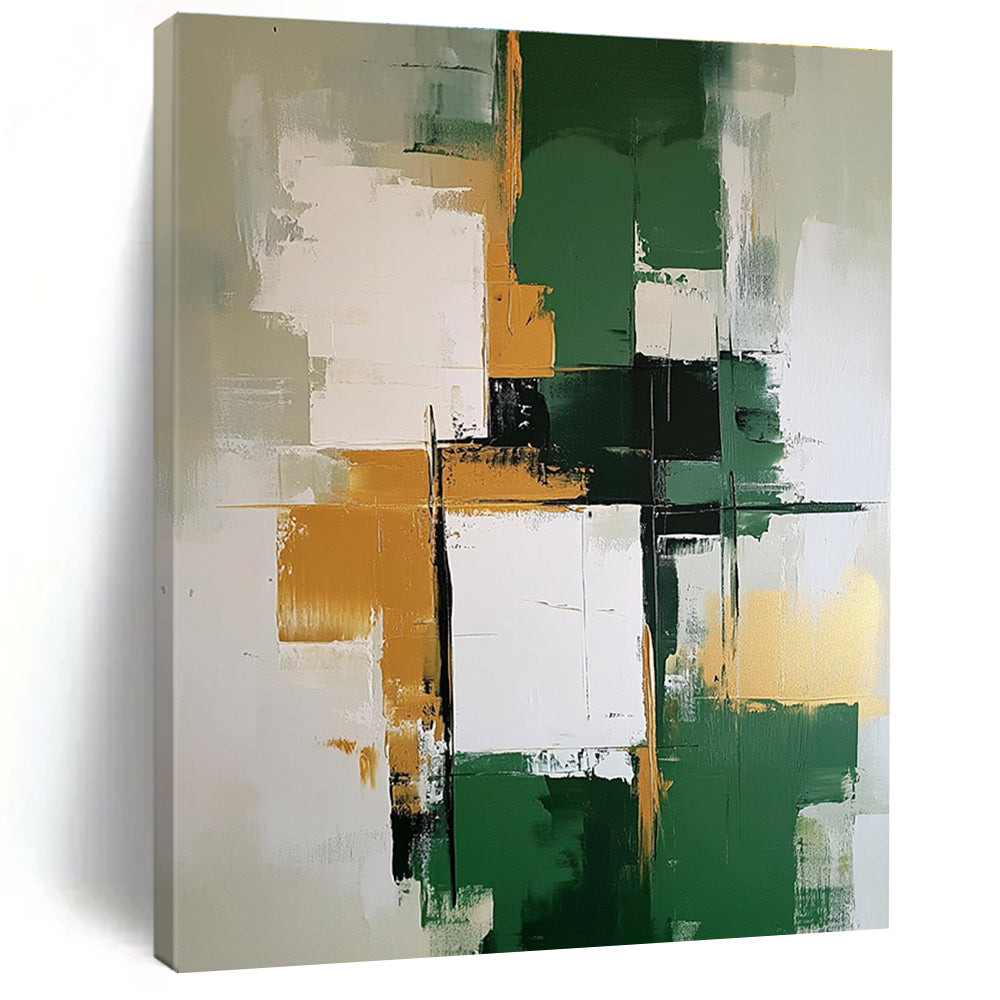 Green Gold and White Abstract Painting with Layered Blocks GER679