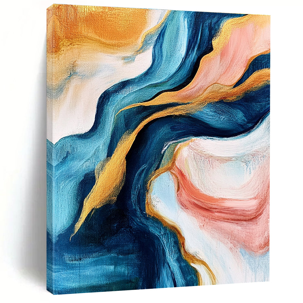 Blue and Gold Abstract Painting with Flowing Motions GER464