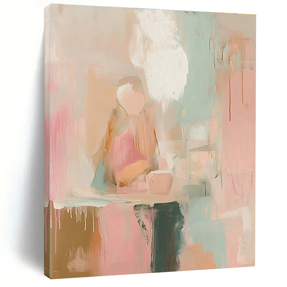 Abstract painting in soft pinks whites and sage green with loose brush strokes and vintage graffiti text evoking dreamy nostalgia and serene calmness.STSC805