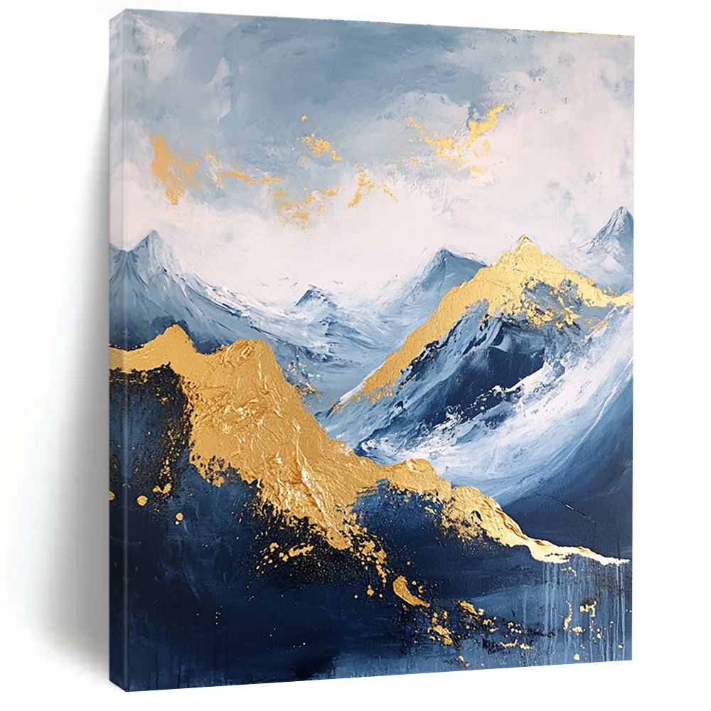 Large abstract painting featuring a golden mountain against a blue sky with white clouds and dark grey stone tones accented with gold.STSC013