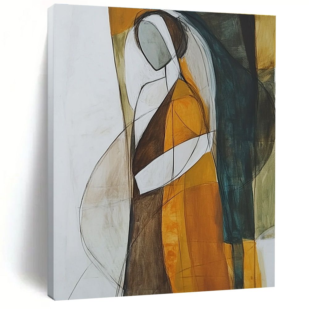 Abstract painting featuring a woman in a brown and orange dress with a white veil showcasing minimalism and surrealism in muted tones and negative space.STSC298
