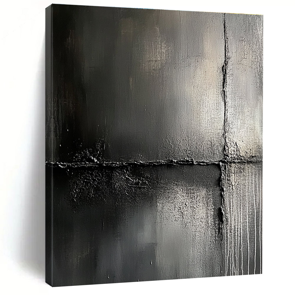 Large abstract painting features impasto textures against a dark gray background evoking urban decay and mystery for captivating exploration.STSC425