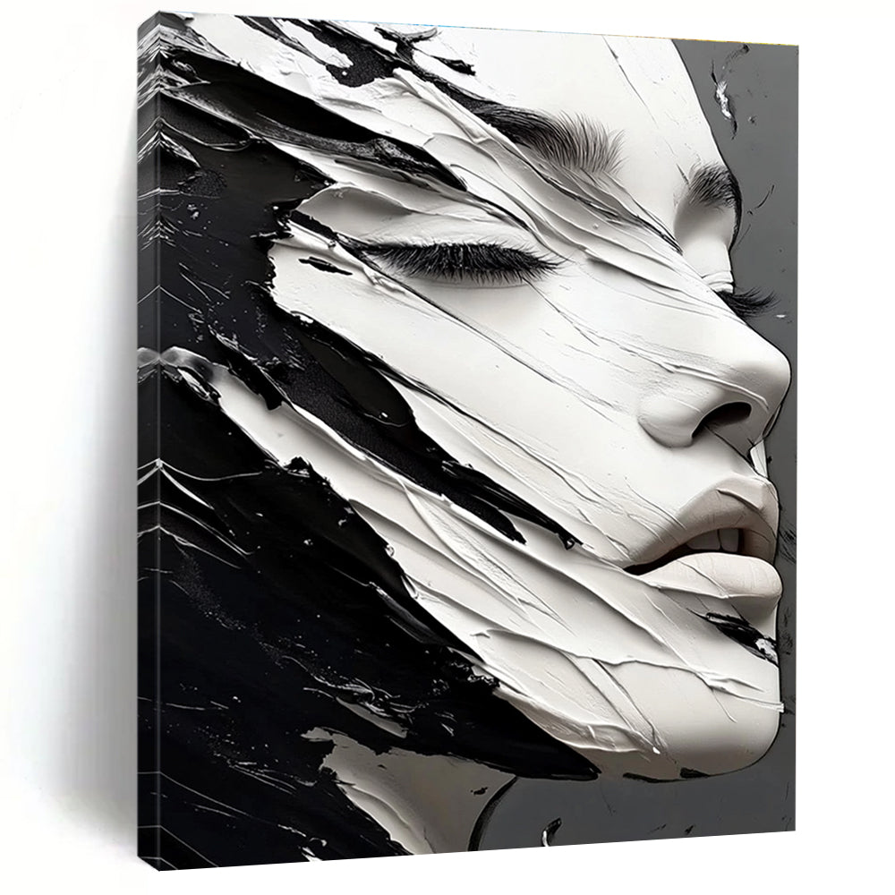 A large abstract painting featuring an elegant hyperrealistic black and white face showcasing intricate details and striking contrasts.STSC989