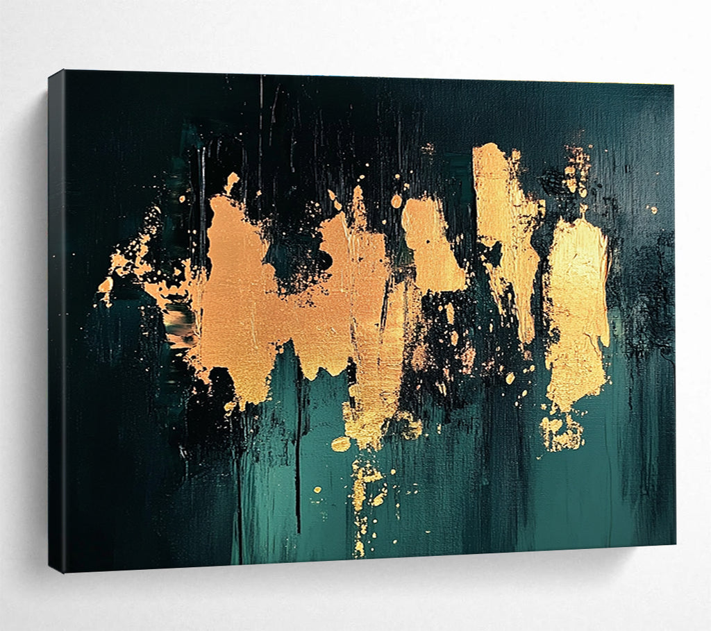 Gold Splash on Green Abstract Painting with Bold Textures DYP418