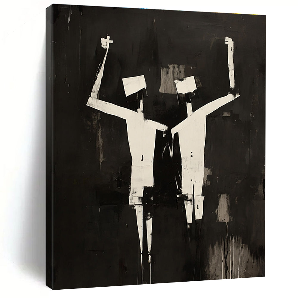 Large abstract painting featuring two figures in black and white oil, inspired by Robert Motherwell with cubist elements.STSC1145