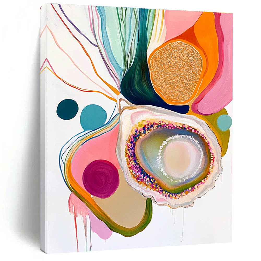 A large abstract painting featuring an oyster with glitter pastel colors on a white background surrounded by colorful organic shapes and patterns.STSC665
