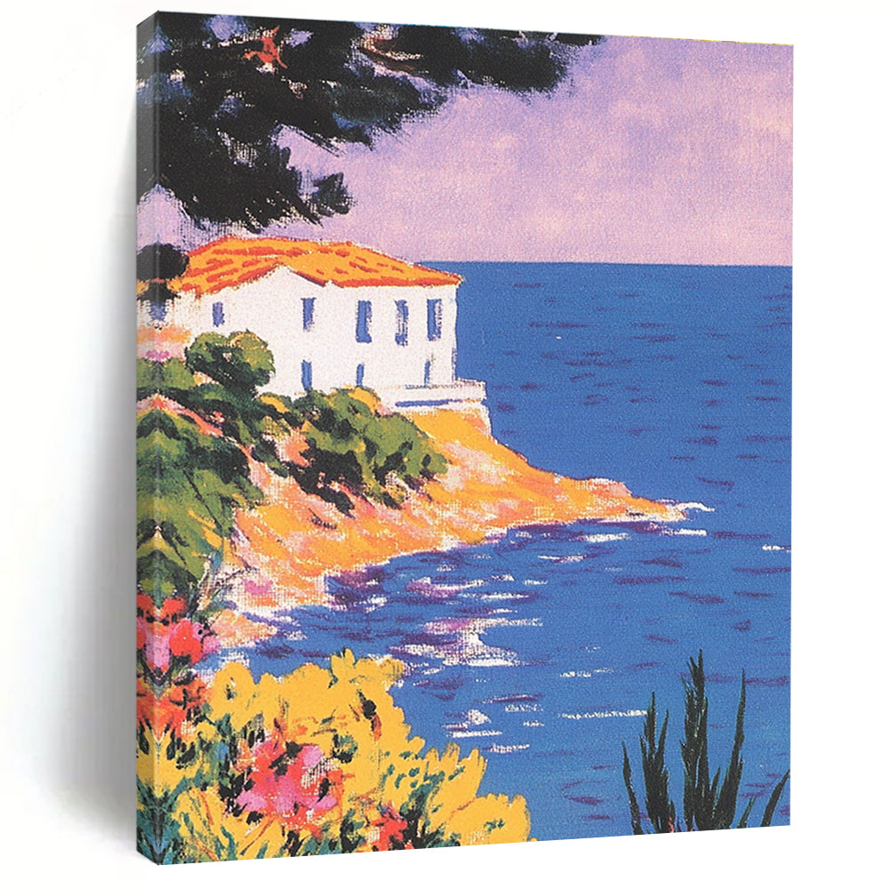 A large abstract painting featuring a vintage postcard of the Mediterranean coast with pastel colors and a stunning purple-blue sky.STSC1228