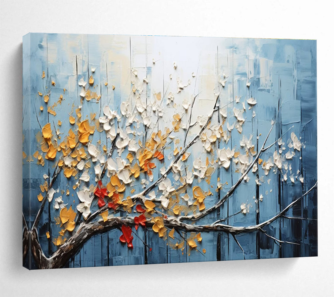 Textured Tree Abstract Painting with Blue, White, and Yellow Tones THY160