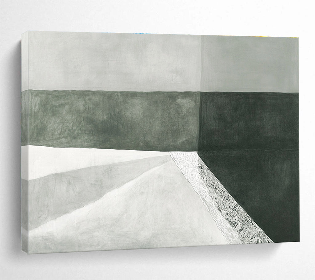 A large abstract drawing features a white fabric bag with lace on green paper against a subtle gray background, showcasing minimalist elegance and soft lighting.SC462