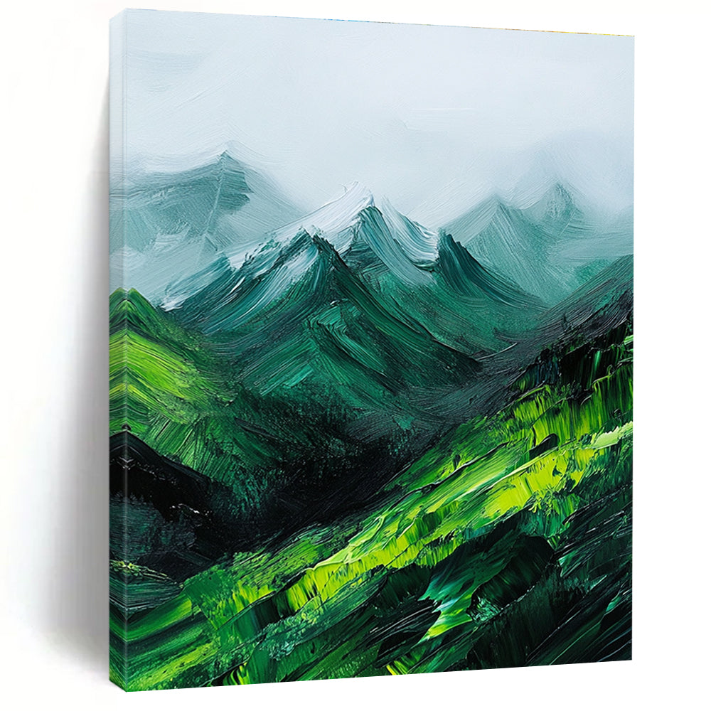 Large abstract oil painting featuring green mountains enveloped in fog with expressive impasto brush strokes.STSC592