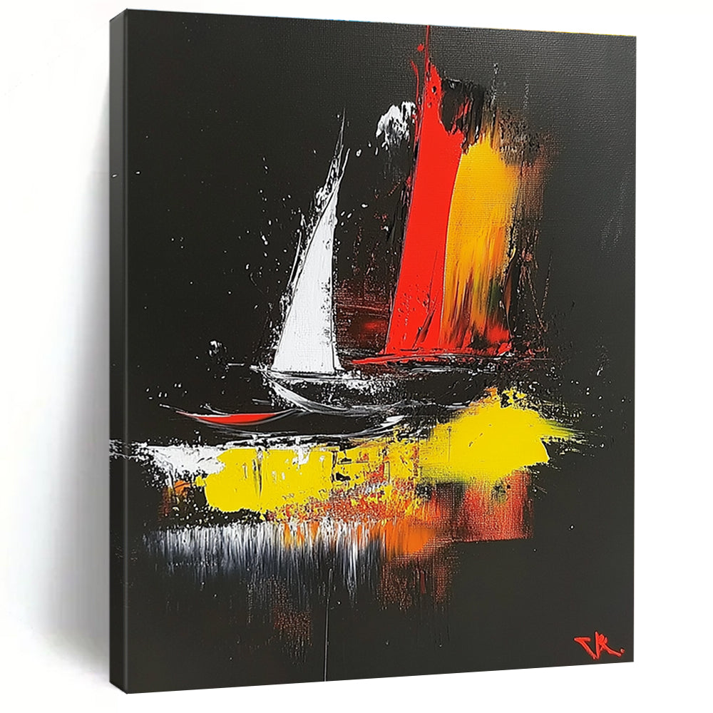 Abstract painting on a black background featuring dynamic red yellow white and black shapes evoking a sailing boat in the wind inspired by Zao Wou-Ki.STSC390