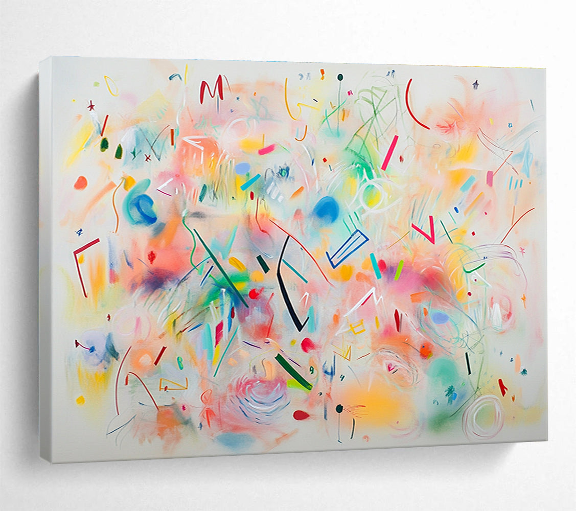 A large abstract painting featuring bright pastel colors and whimsical shapes like swirls circles and stars creating a joyful celebration on a white background.SC476