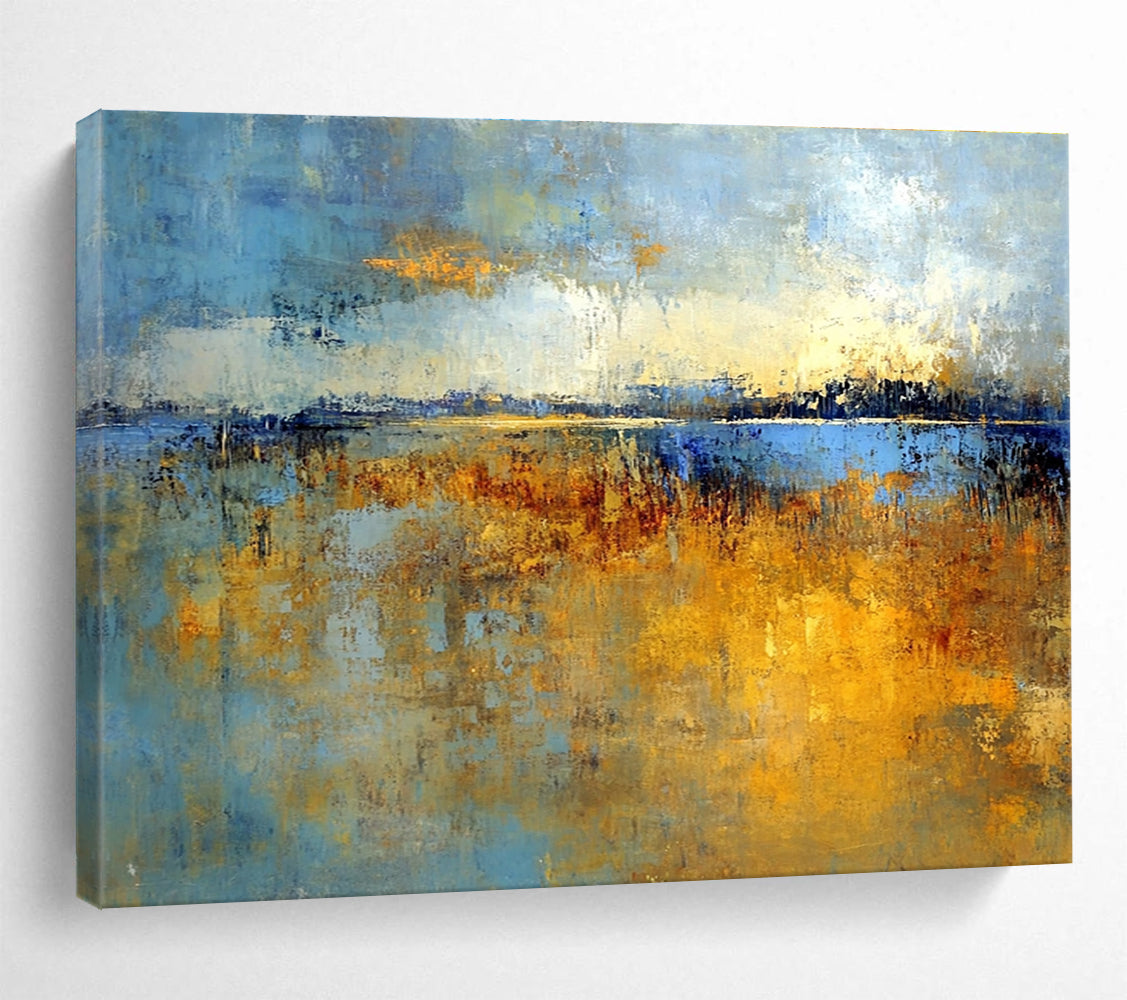 Large abstract painting of marshlands in soft earth tones and blues with gold hints, evoking nostalgia for early mornings in Richard Schmid's style.SC361