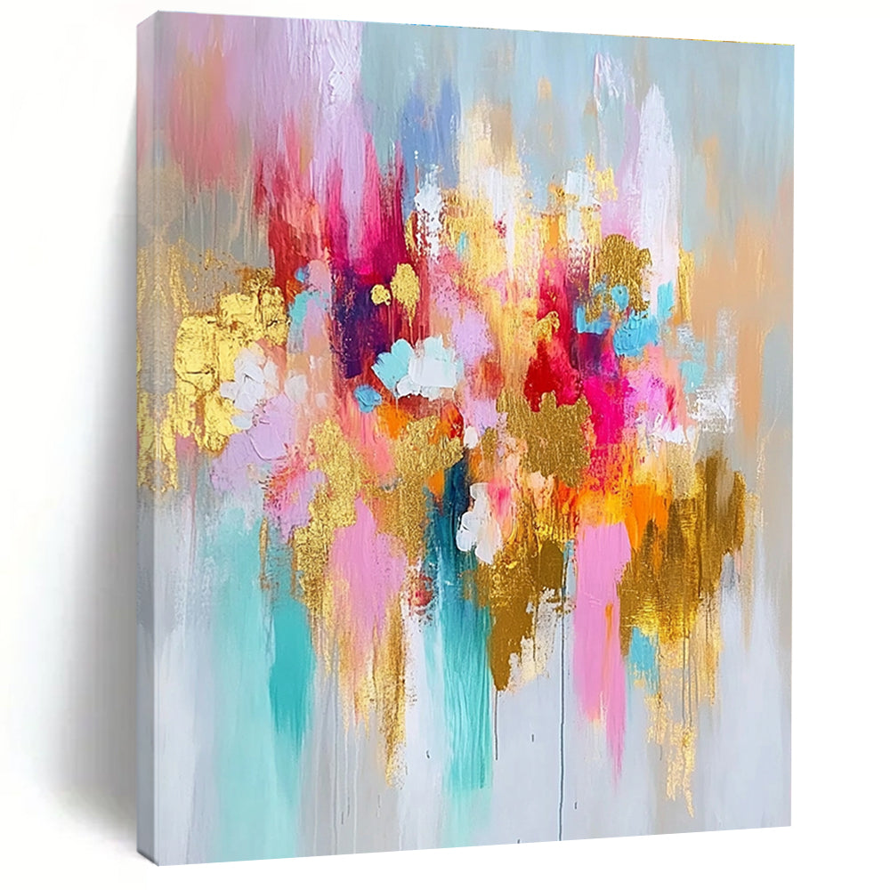 Pink Gold and Blue Abstract Painting with Floral Inspirations GER675