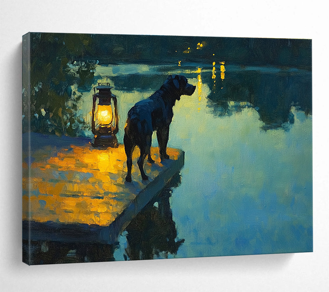 Large abstract painting featuring a black dog on a dock with a lantern reflecting on a lake at dusk in Impressionist style.SC597